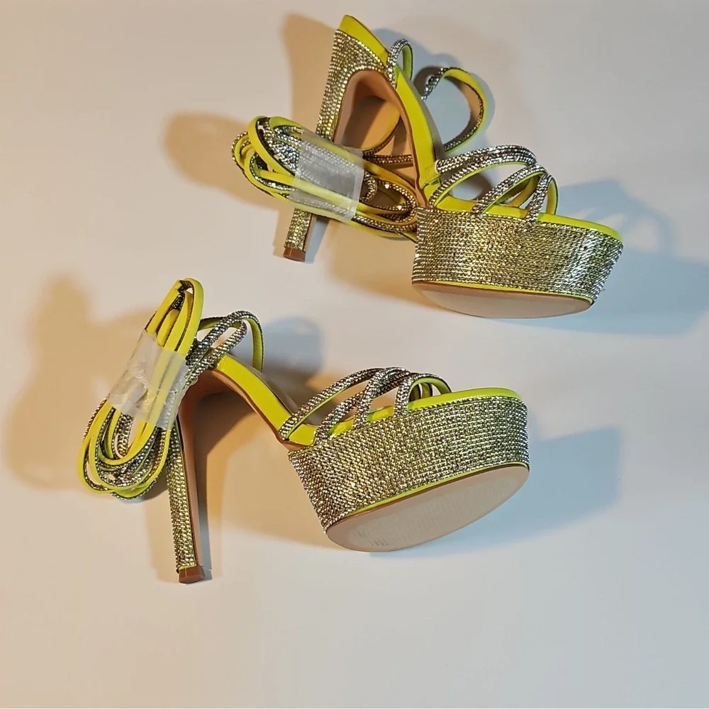 DDK Lime/Silver Synthetic Strappy Platform Stiletto Heel Ankle Strap 7